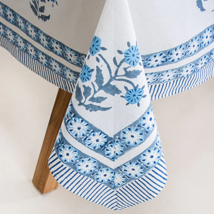 Traditional Sky Blue Boota Floral Block Print Cotton Dining Table Cover